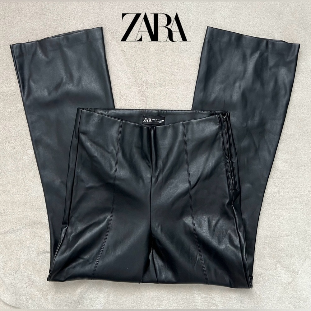 ZARA Women’s Sleek Black Faux Leather Trousers Flared Legs High Waist Size: M